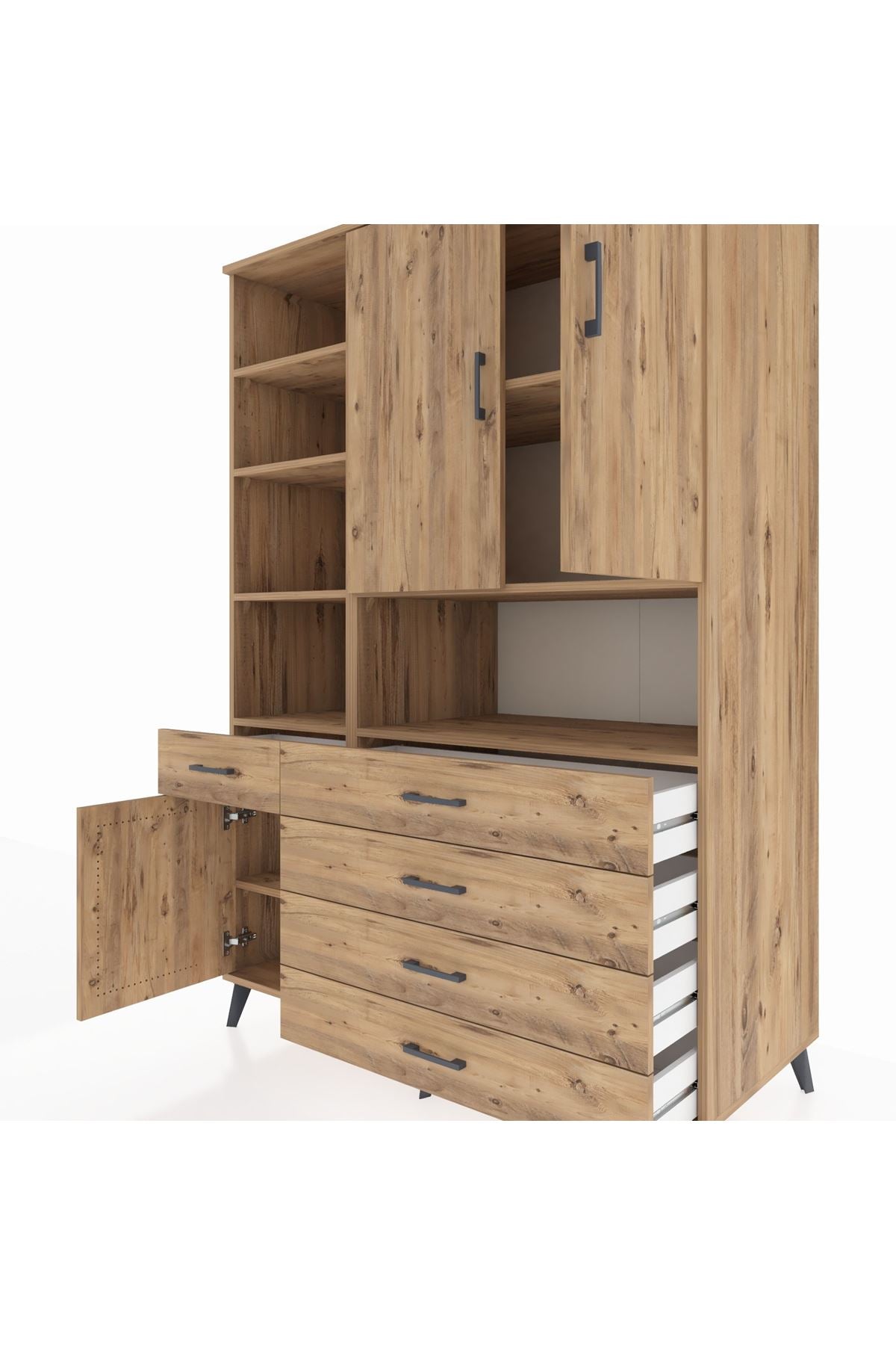 Kronos Dolap 8 Raflı 5 Çekmeceli 3 Kapaklı 132x59x195 Çam-Çam/Çam