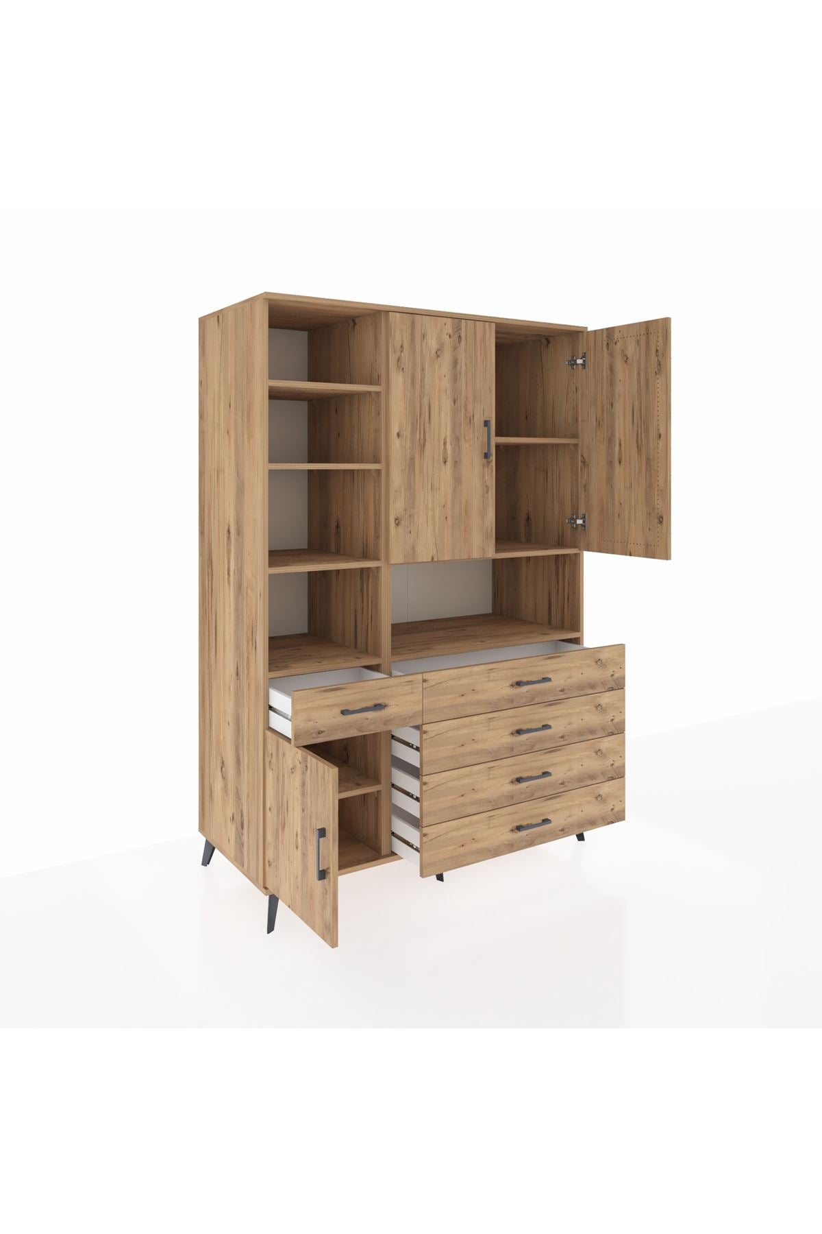 Kronos Dolap 8 Raflı 5 Çekmeceli 3 Kapaklı 132x59x195 Çam-Çam/Çam