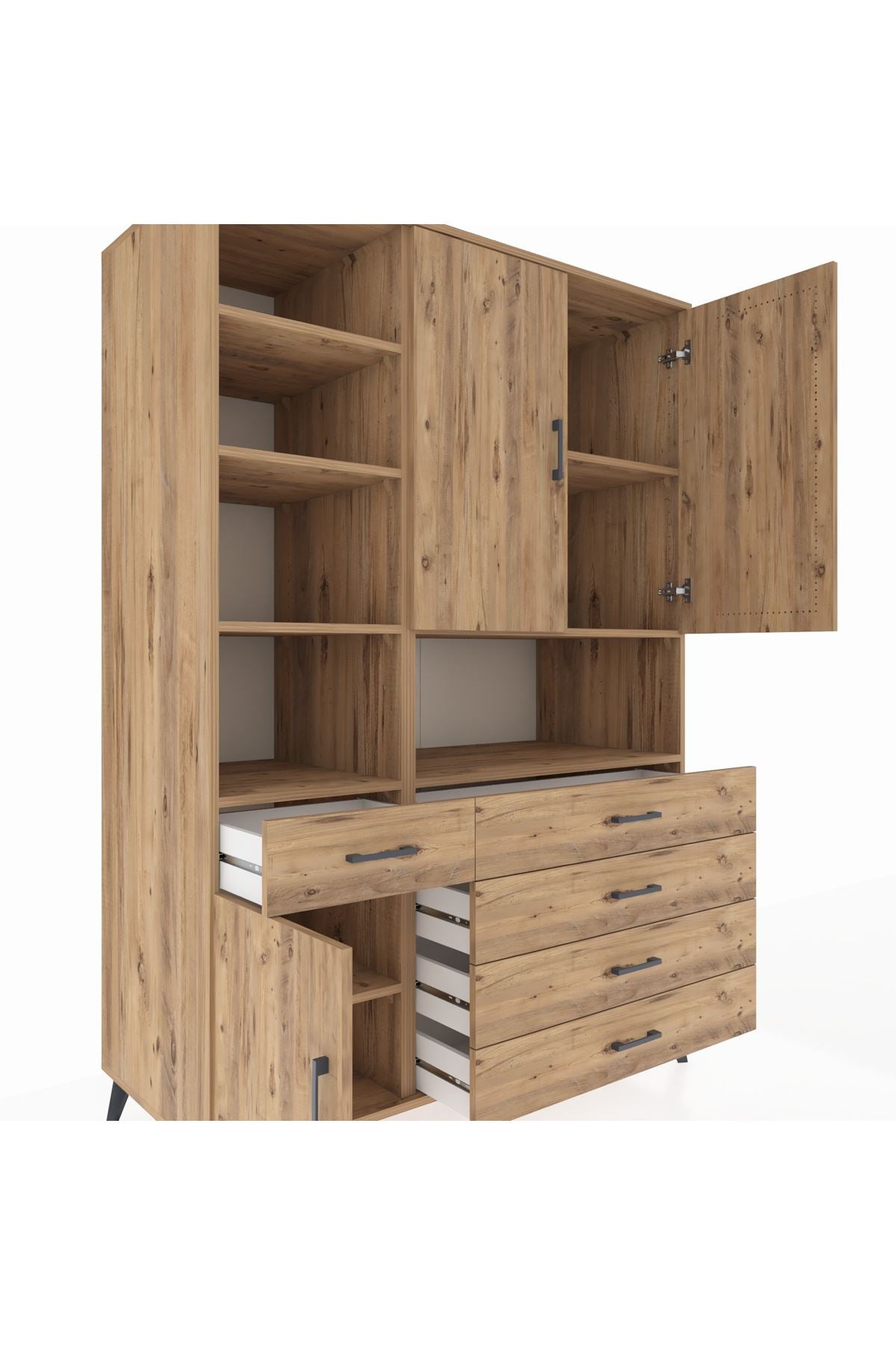 Kronos Dolap 8 Raflı 5 Çekmeceli 3 Kapaklı 132x59x195 Çam-Çam/Çam