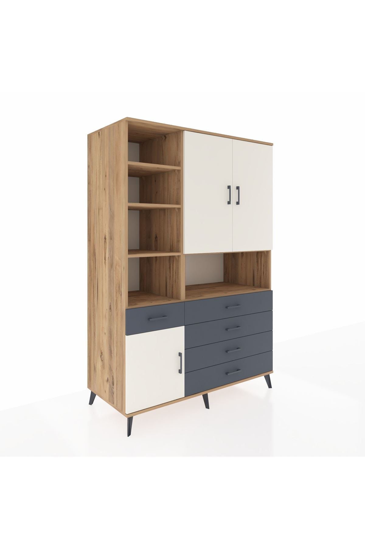 Kronos Dolap 8 Raflı 5 Çekmeceli 3 Kapaklı 132x59x195 Çam-Aytaşı/Antrasit