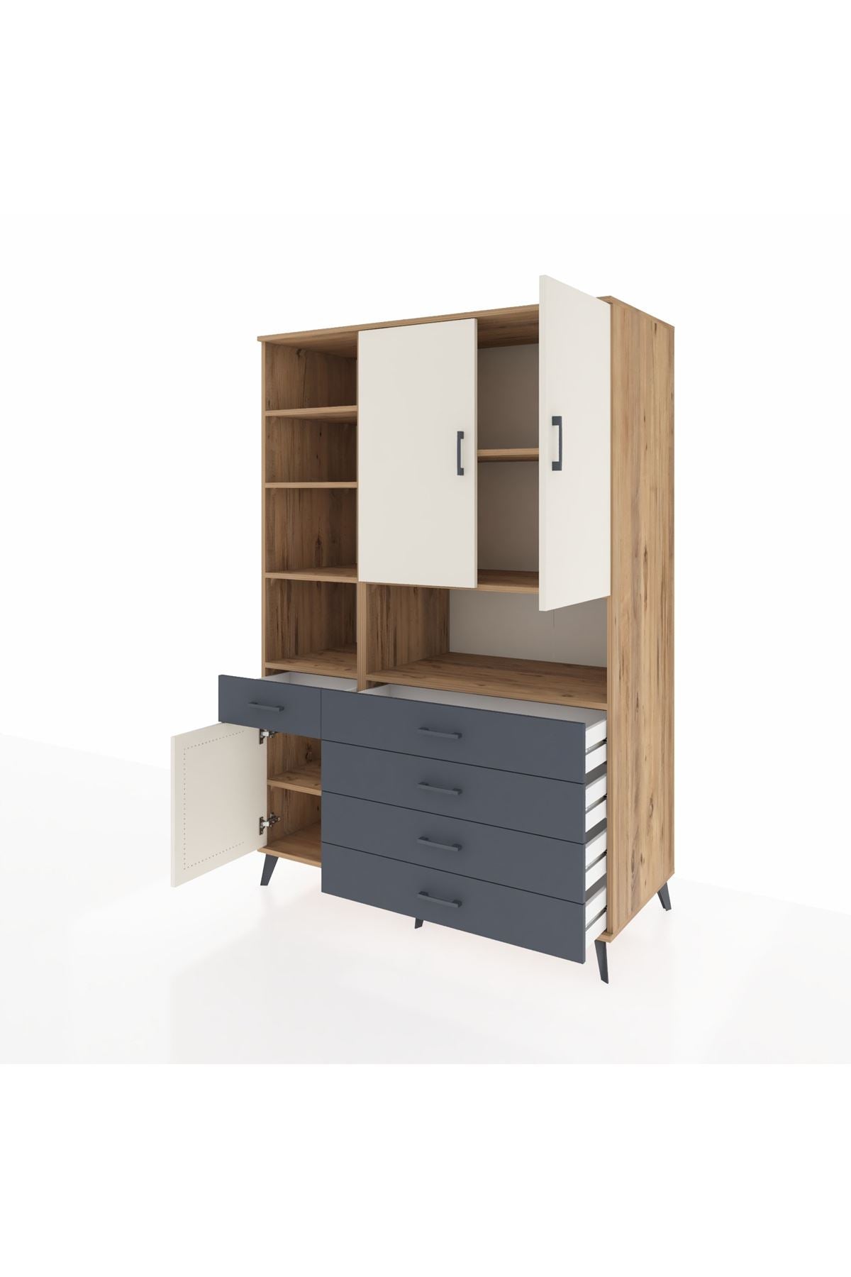 Kronos Dolap 8 Raflı 5 Çekmeceli 3 Kapaklı 132x59x195 Çam-Aytaşı/Antrasit