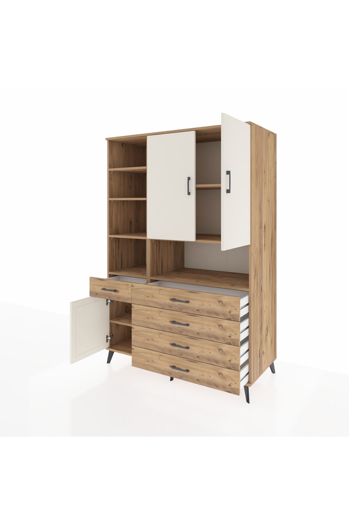 Kronos Dolap 8 Raflı 5 Çekmeceli 3 Kapaklı 132x59x195 Çam-Aytaşı/Çam