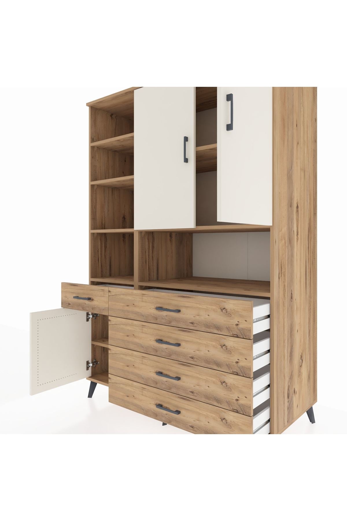 Kronos Dolap 8 Raflı 5 Çekmeceli 3 Kapaklı 132x59x195 Çam-Aytaşı/Çam