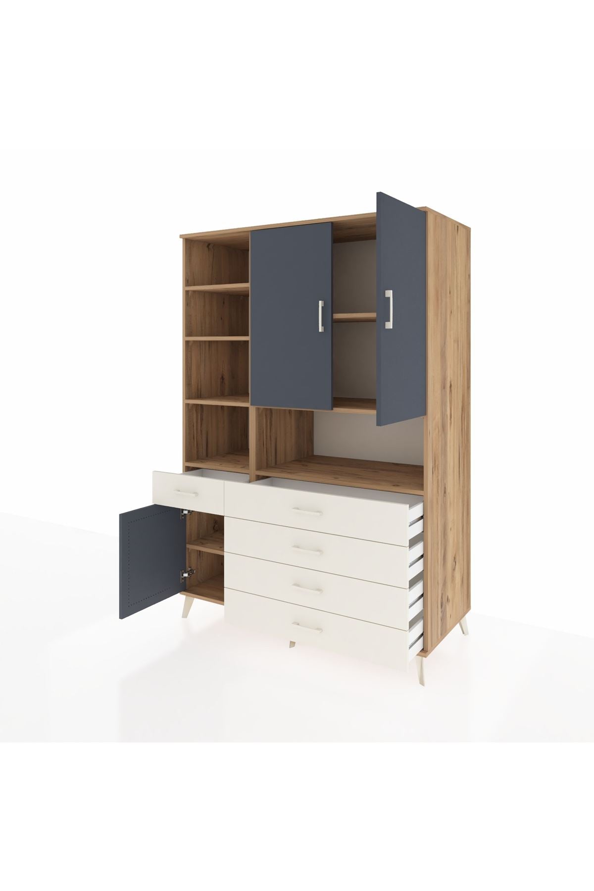 Kronos Dolap 8 Raflı 5 Çekmeceli 3 Kapaklı 132x59x195 Çam-Antrasit/Aytaşı