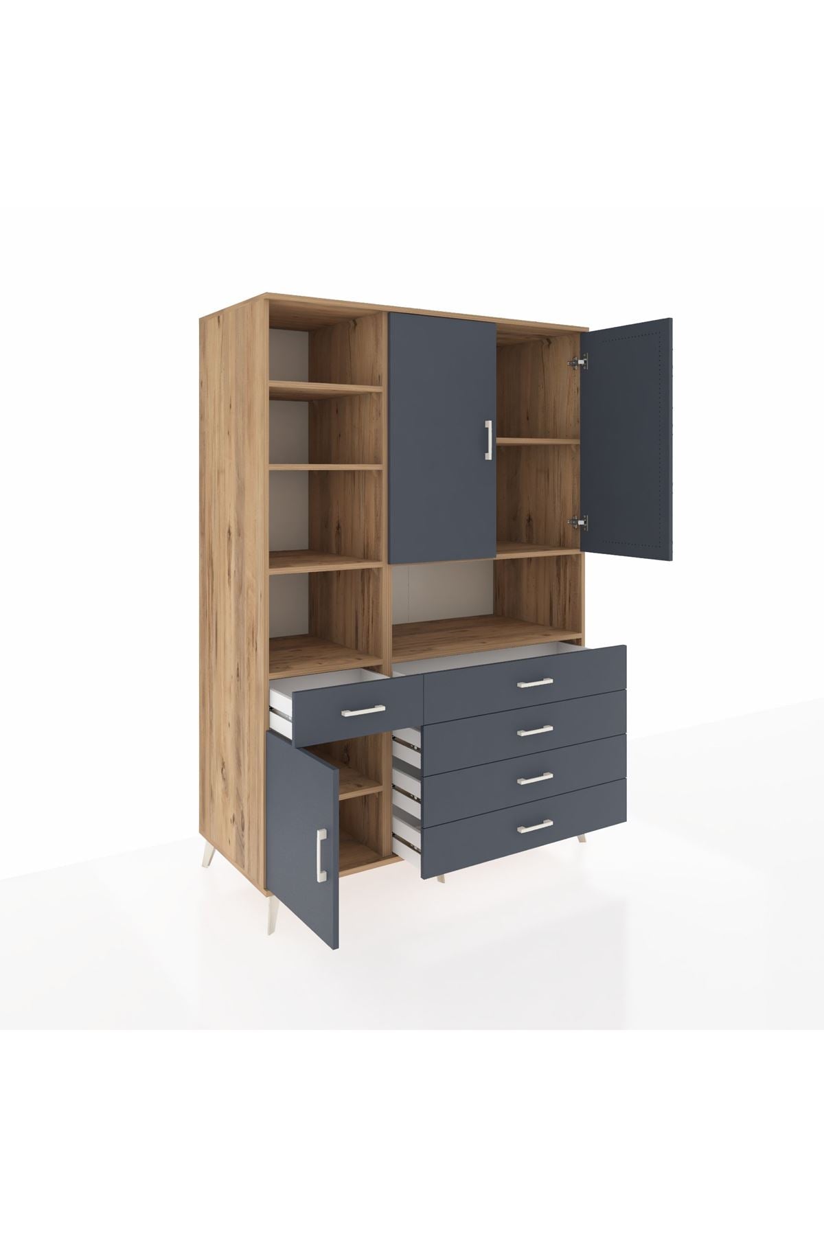 Kronos Dolap 8 Raflı 5 Çekmeceli 3 Kapaklı 132x59x195 Çam-Antrasit/Antrasit