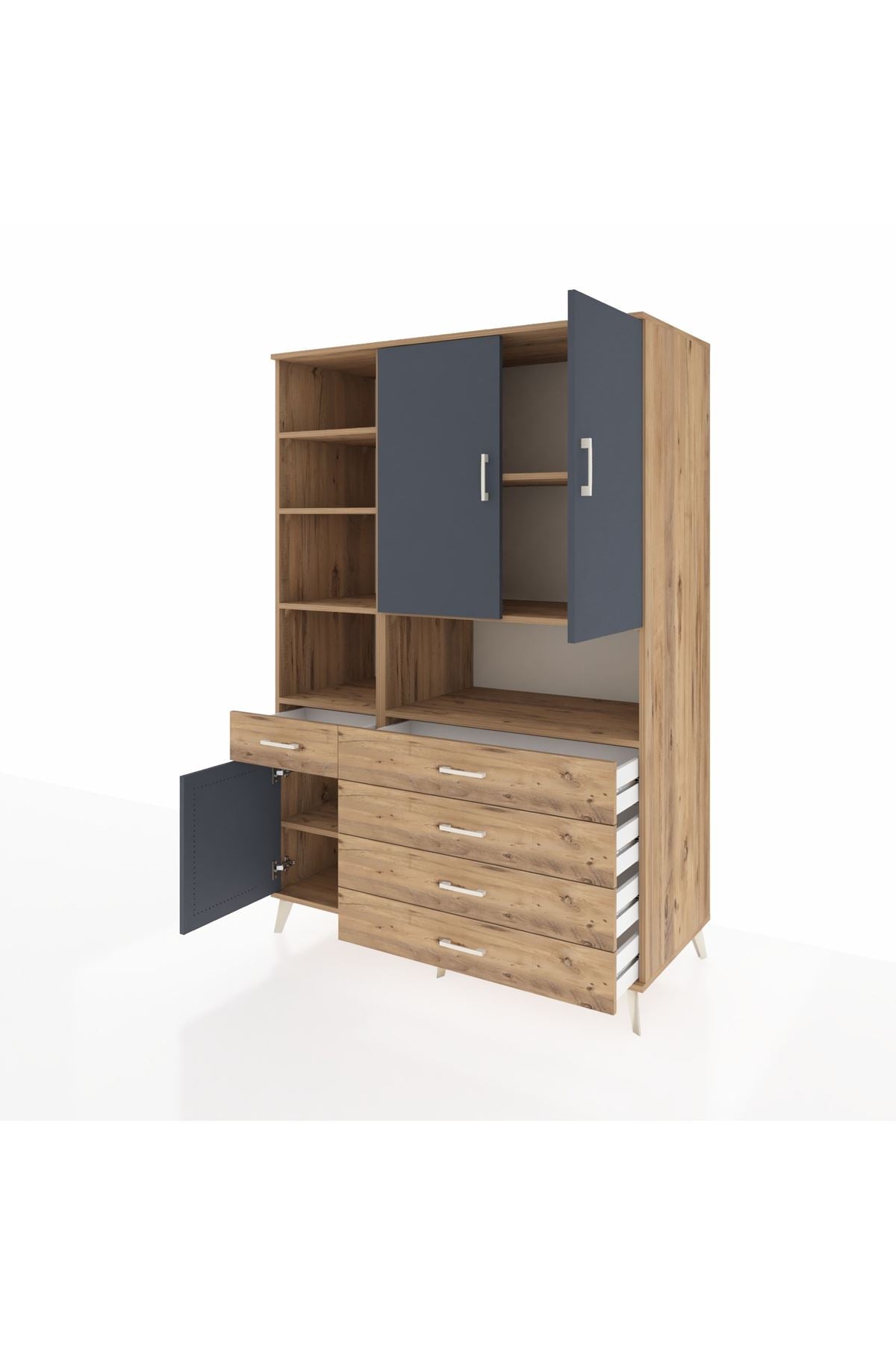 Kronos Dolap 8 Raflı 5 Çekmeceli 3 Kapaklı 132x59x195 Çam-Antrasit/Çam