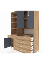 Kronos Dolap 8 Raflı 5 Çekmeceli 3 Kapaklı 132x59x195 Çam-Antrasit/Çam