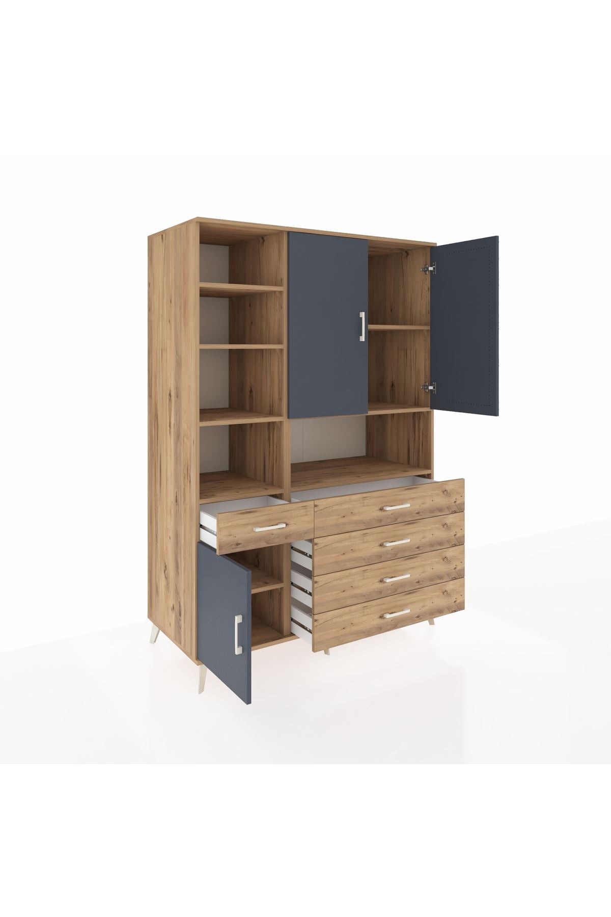 Kronos Dolap 8 Raflı 5 Çekmeceli 3 Kapaklı 132x59x195 Çam-Antrasit/Çam