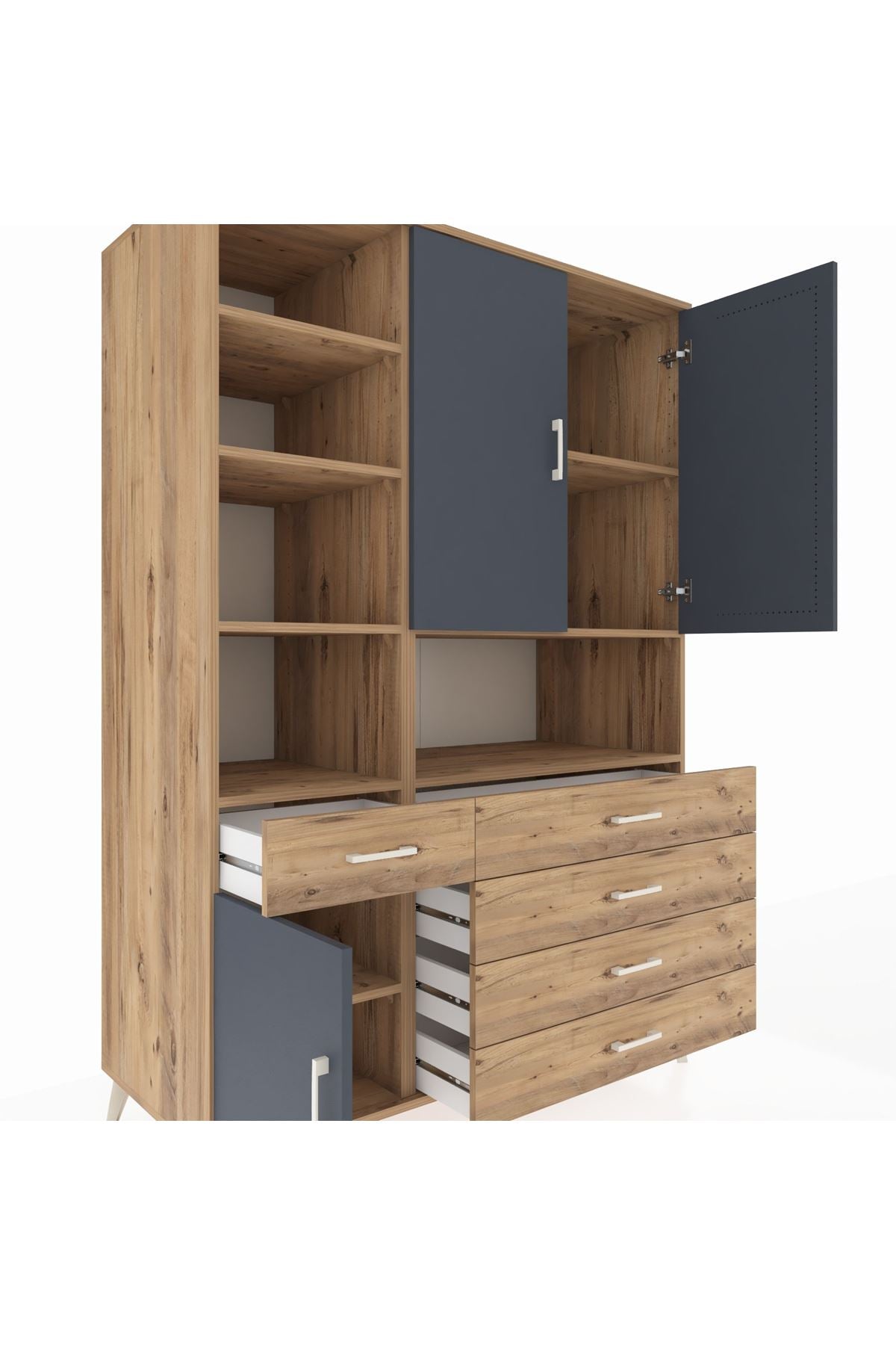 Kronos Dolap 8 Raflı 5 Çekmeceli 3 Kapaklı 132x59x195 Çam-Antrasit/Çam