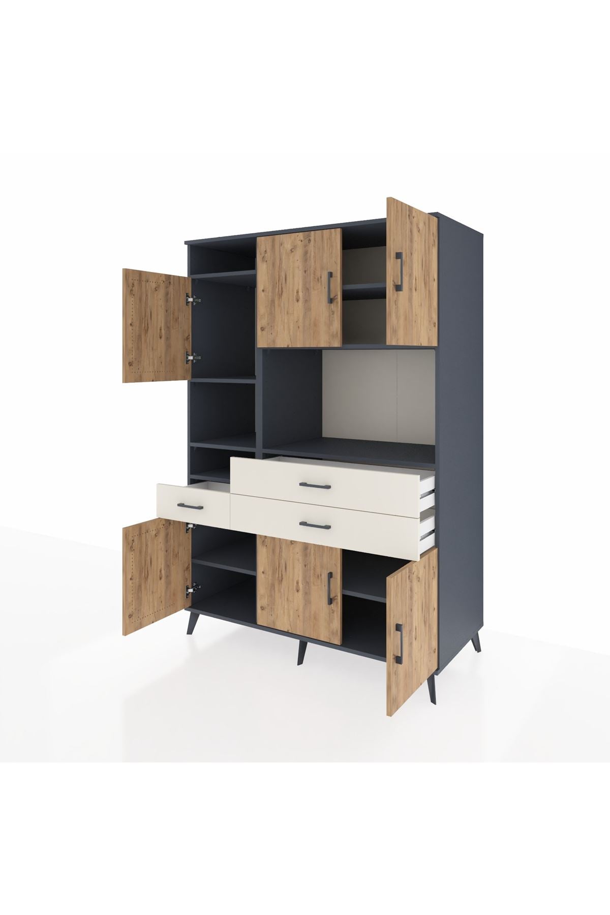 Kronos Dolap 9 Raflı 3 Çekmeceli 6 Kapaklı 132x59x195 Antrasit-Çam/Aytaşı