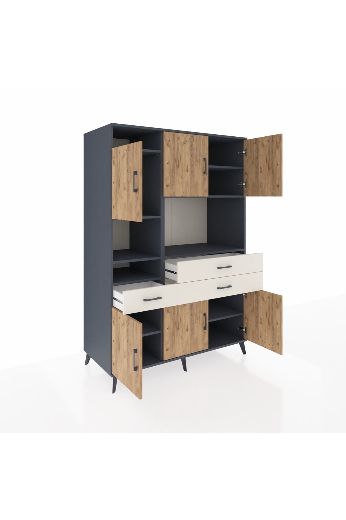 Kronos Dolap 9 Raflı 3 Çekmeceli 6 Kapaklı 132x59x195 Antrasit-Çam/Aytaşı