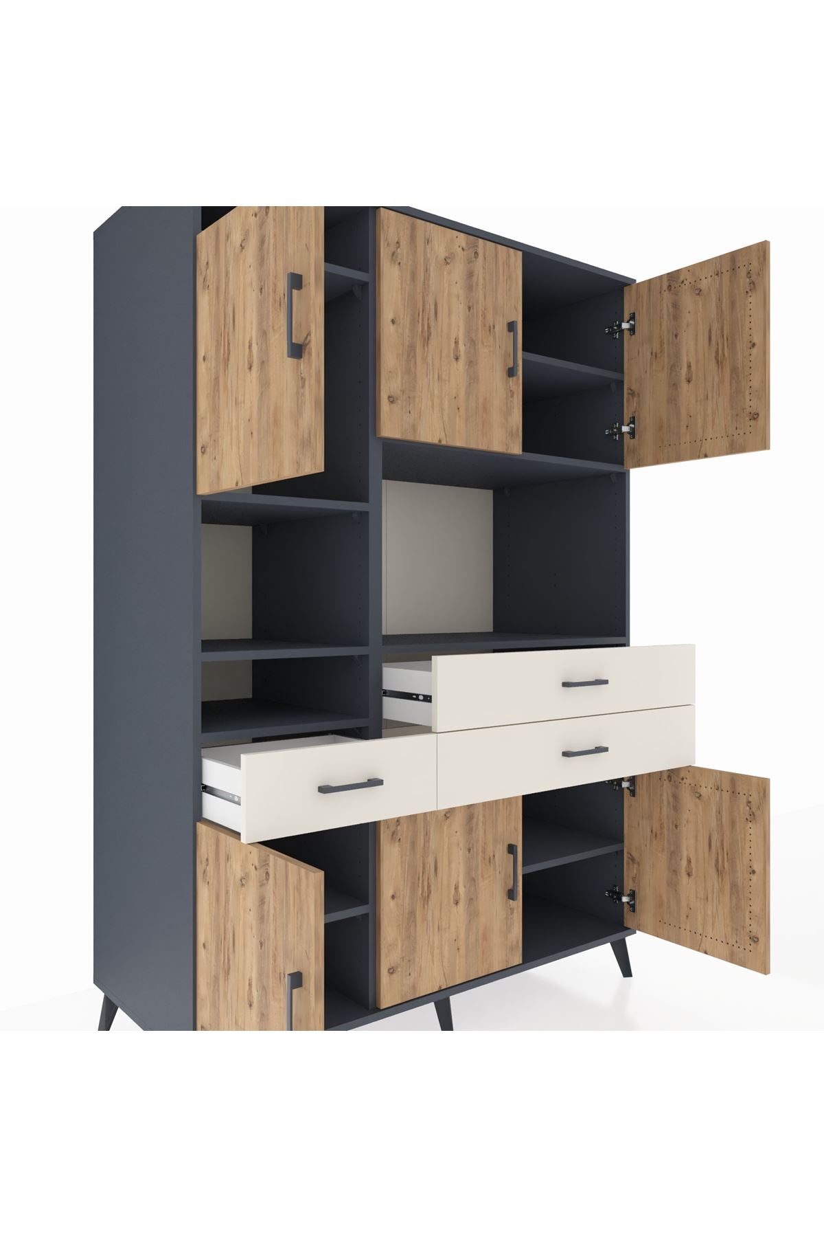 Kronos Dolap 9 Raflı 3 Çekmeceli 6 Kapaklı 132x59x195 Antrasit-Çam/Aytaşı