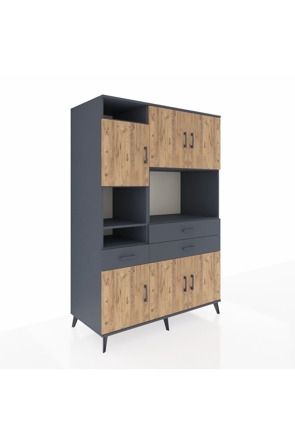 Kronos Dolap 9 Raflı 3 Çekmeceli 6 Kapaklı 132x59x195 Antrasit-Çam/Antrasit