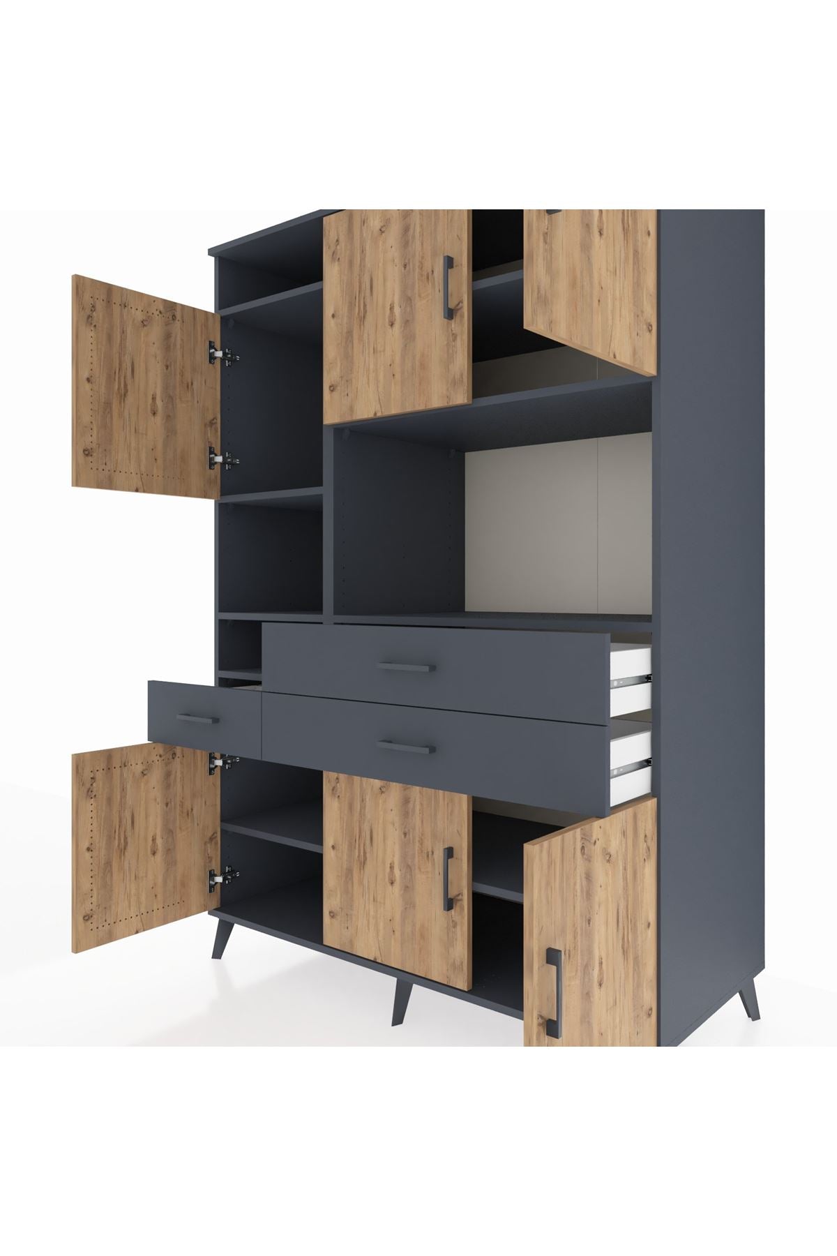 Kronos Dolap 9 Raflı 3 Çekmeceli 6 Kapaklı 132x59x195 Antrasit-Çam/Antrasit