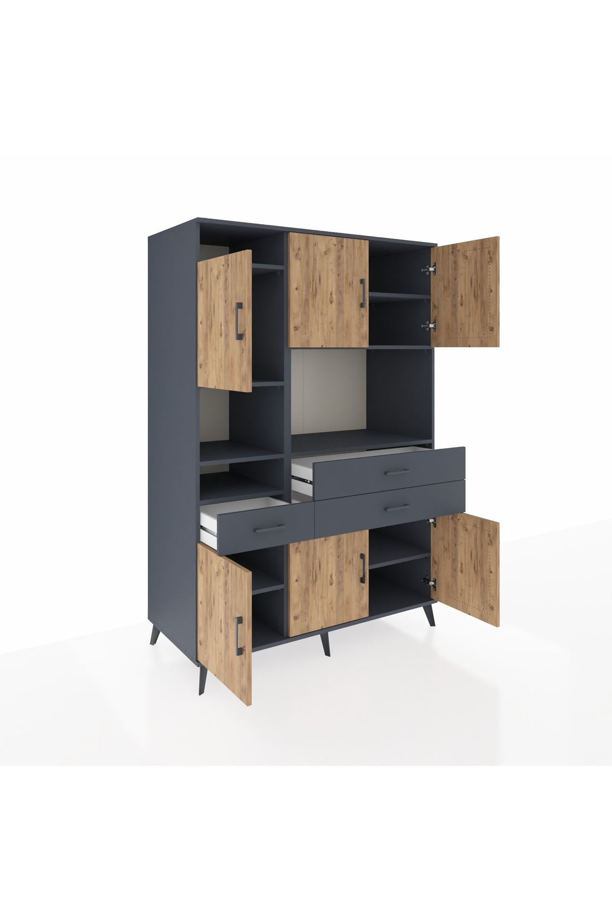 Kronos Dolap 9 Raflı 3 Çekmeceli 6 Kapaklı 132x59x195 Antrasit-Çam/Antrasit