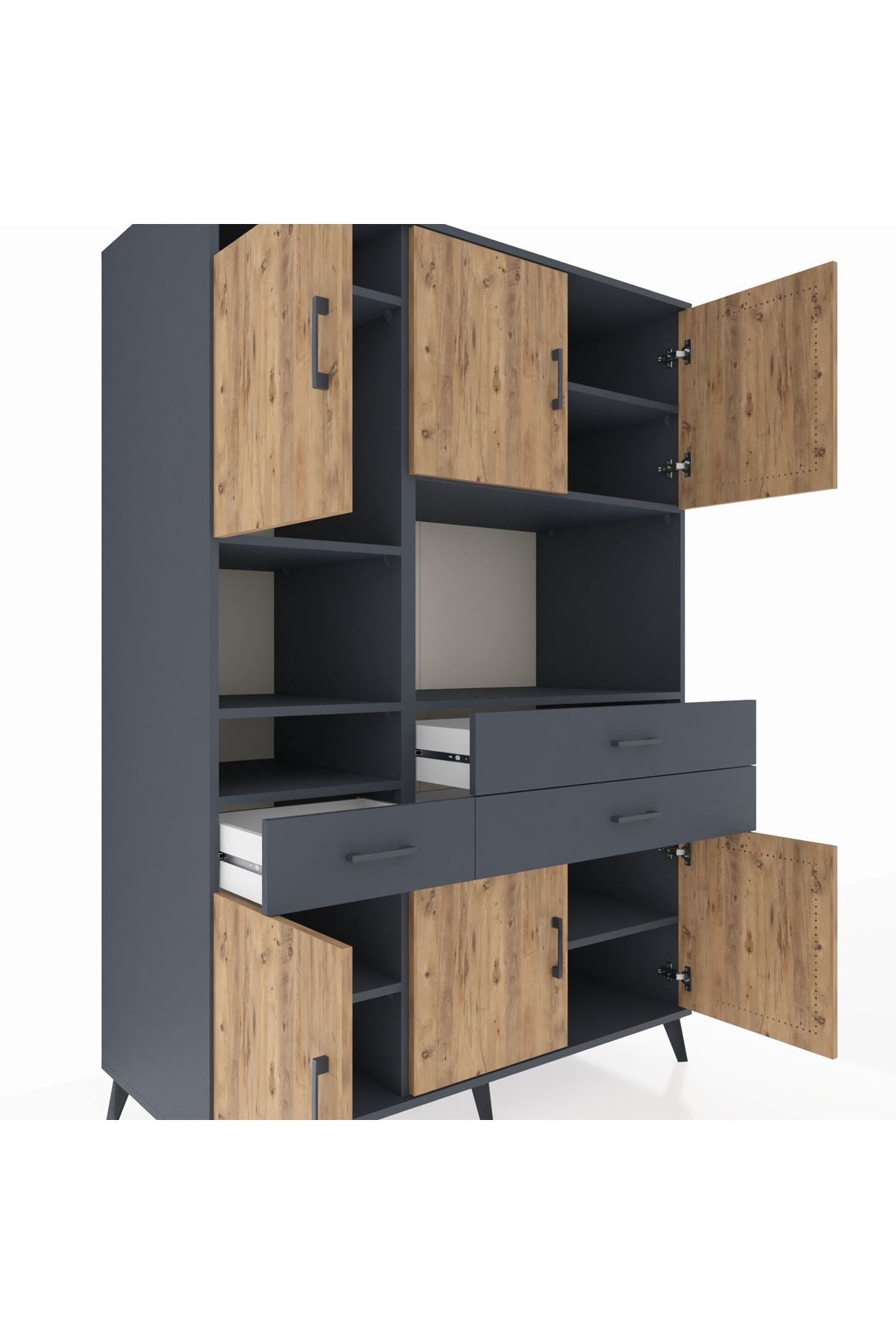 Kronos Dolap 9 Raflı 3 Çekmeceli 6 Kapaklı 132x59x195 Antrasit-Çam/Antrasit