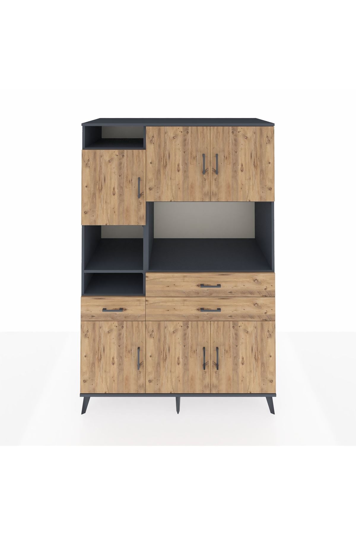 Kronos Dolap 9 Raflı 3 Çekmeceli 6 Kapaklı 132x59x195 Antrasit-Çam/Çam