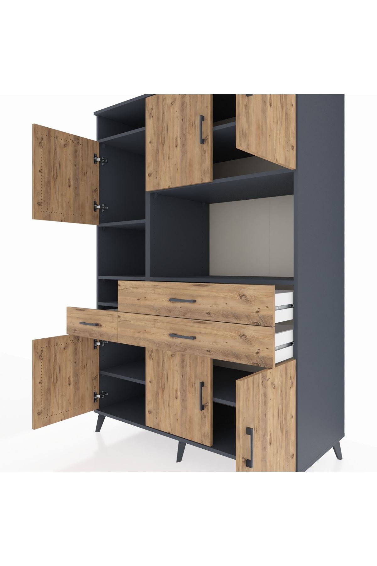 Kronos Dolap 9 Raflı 3 Çekmeceli 6 Kapaklı 132x59x195 Antrasit-Çam/Çam