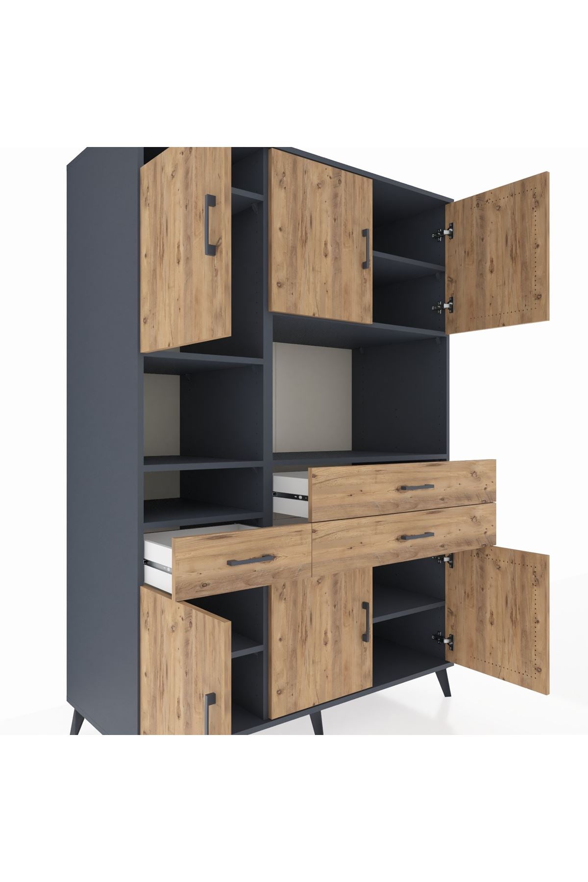 Kronos Dolap 9 Raflı 3 Çekmeceli 6 Kapaklı 132x59x195 Antrasit-Çam/Çam