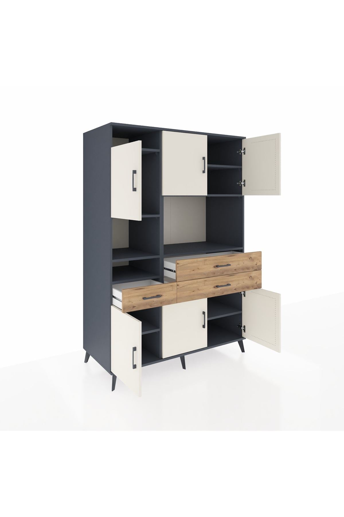 Kronos Dolap 9 Raflı 3 Çekmeceli 6 Kapaklı 132x59x195 Antrasit-Aytaşı/Çam