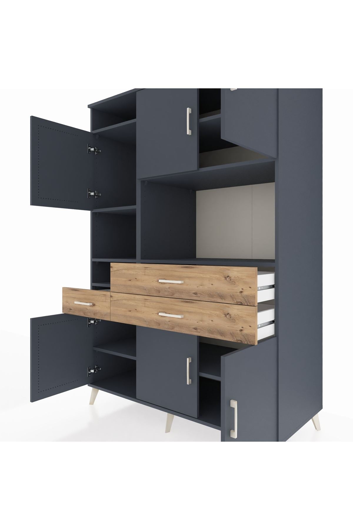 Kronos Dolap 9 Raflı 3 Çekmeceli 6 Kapaklı 132x59x195 Antrasit-Antrasit/Çam