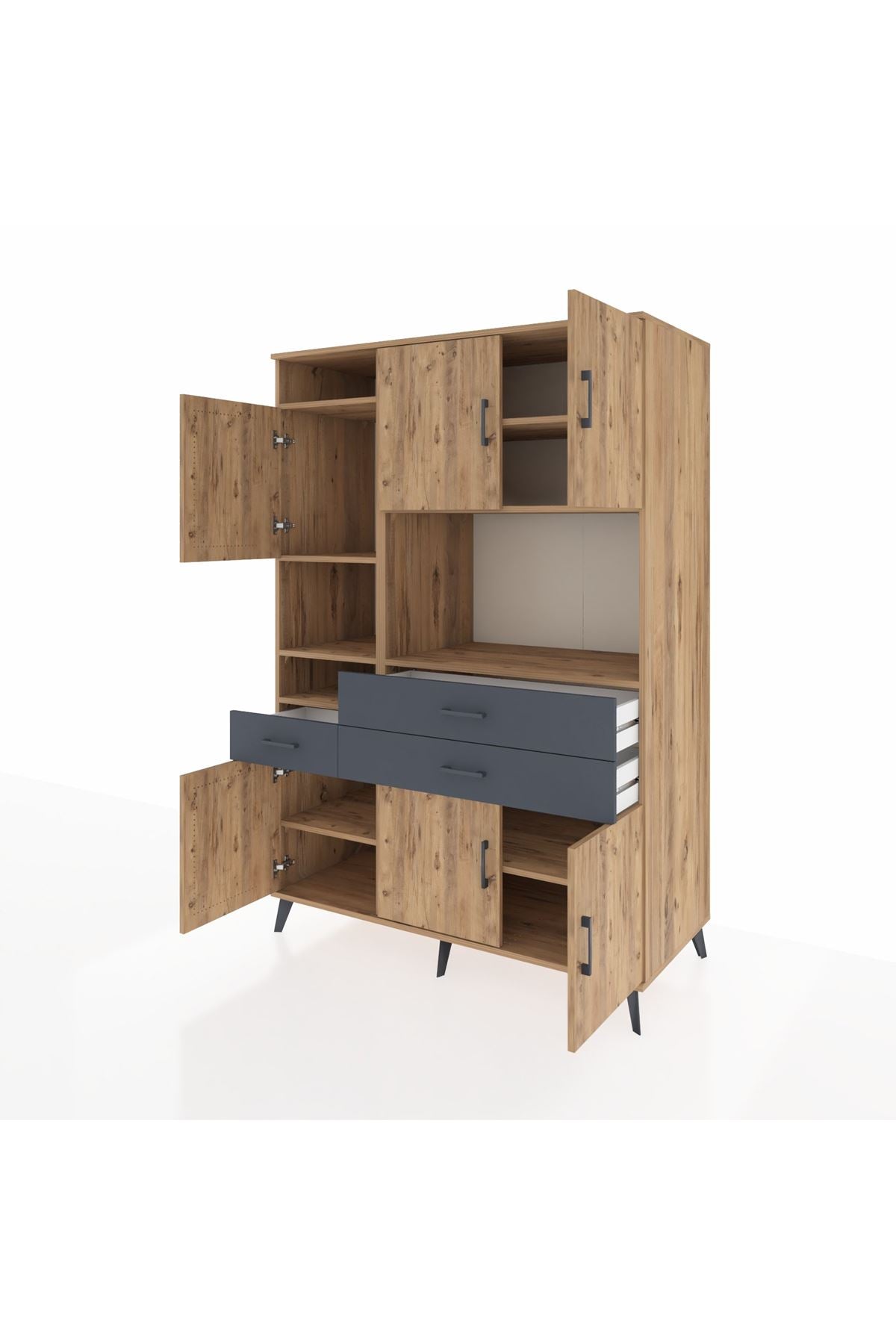 Kronos Dolap 9 Raflı 3 Çekmeceli 6 Kapaklı 132x59x195 Çam-Çam/Antrasit