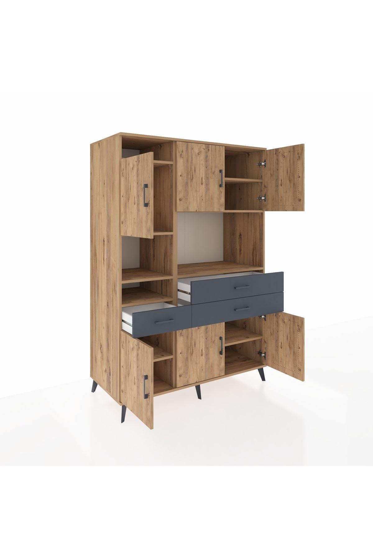 Kronos Dolap 9 Raflı 3 Çekmeceli 6 Kapaklı 132x59x195 Çam-Çam/Antrasit