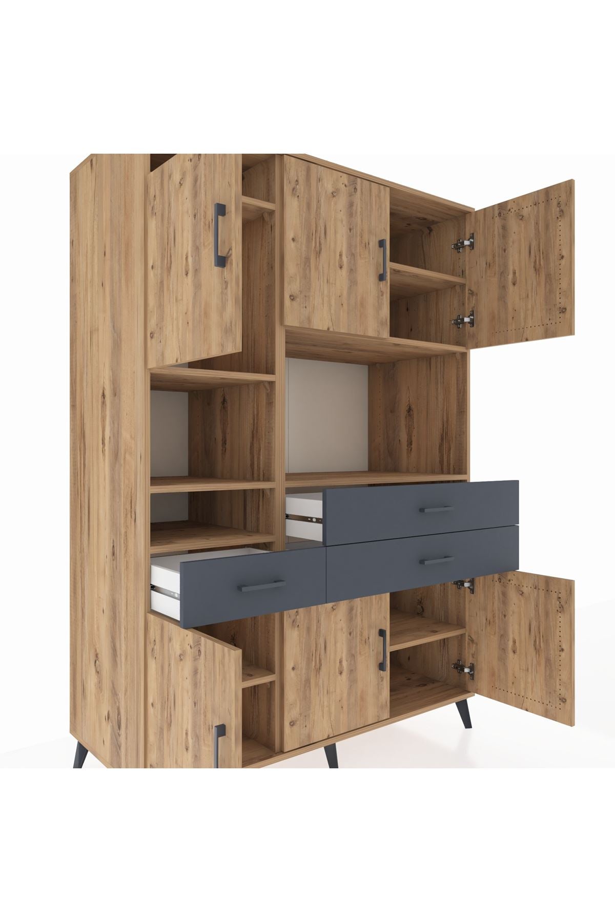 Kronos Dolap 9 Raflı 3 Çekmeceli 6 Kapaklı 132x59x195 Çam-Çam/Antrasit