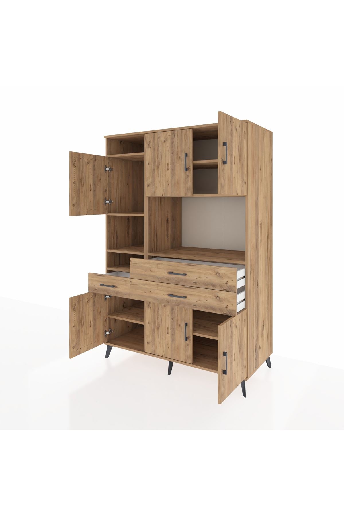 Kronos Dolap 9 Raflı 3 Çekmeceli 6 Kapaklı 132x59x195 Çam-Çam/Çam