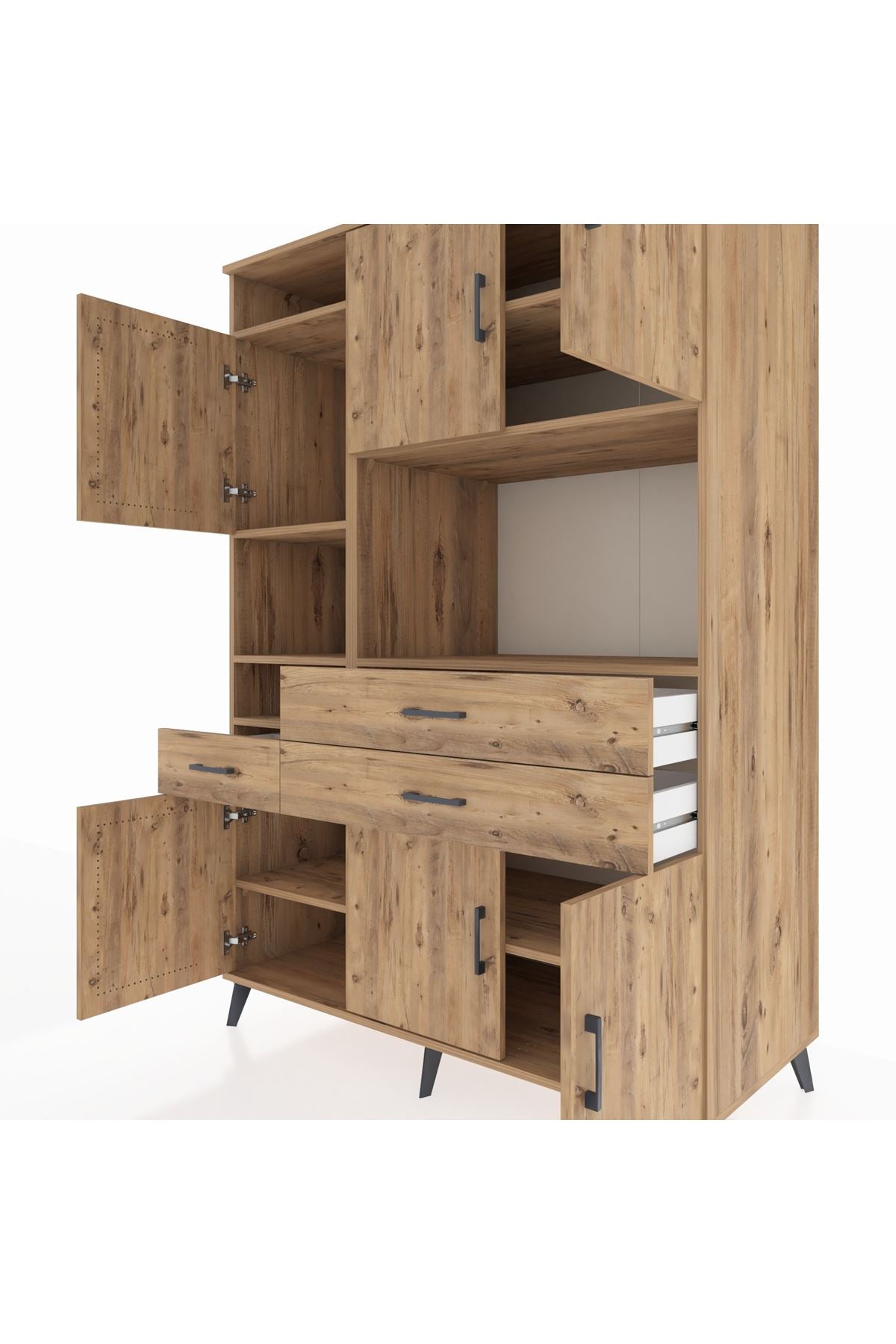 Kronos Dolap 9 Raflı 3 Çekmeceli 6 Kapaklı 132x59x195 Çam-Çam/Çam