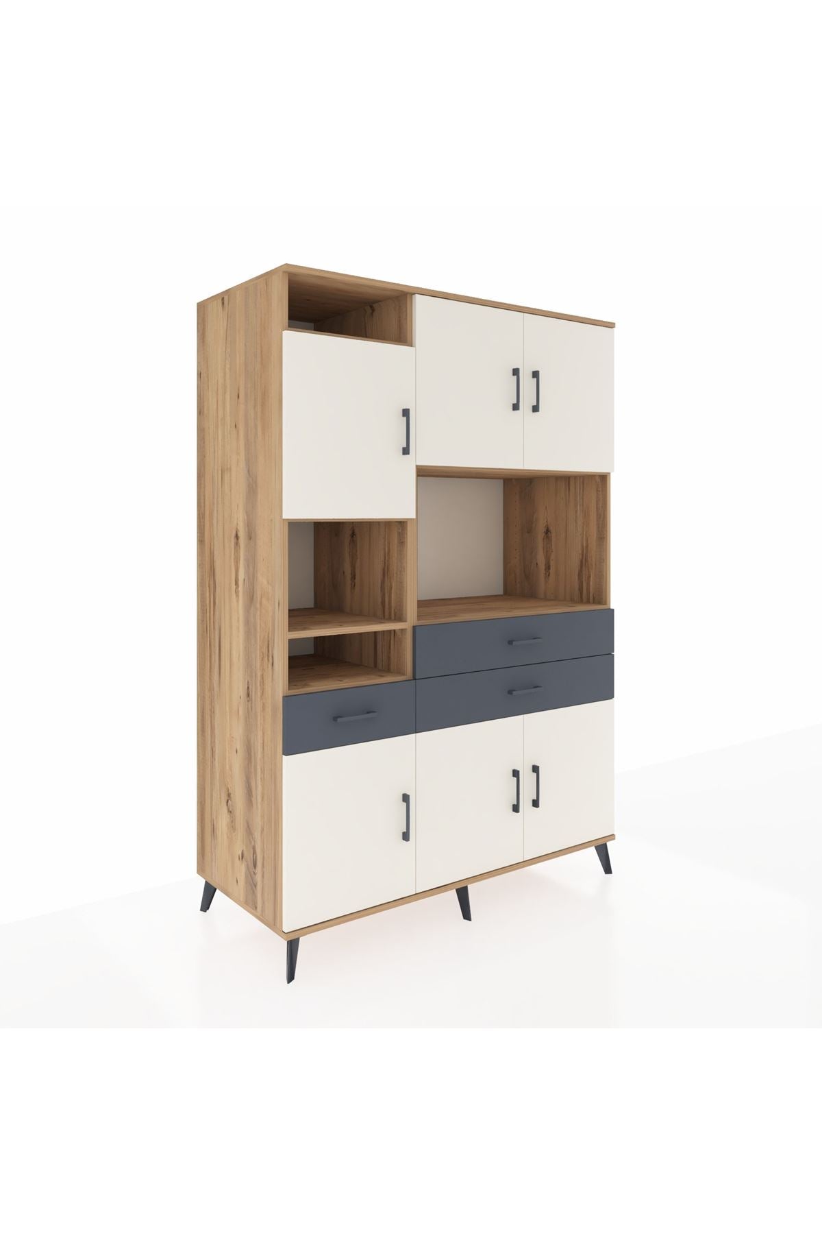 Kronos Dolap 9 Raflı 3 Çekmeceli 6 Kapaklı 132x59x195 Çam-Aytaşı/Antrasit