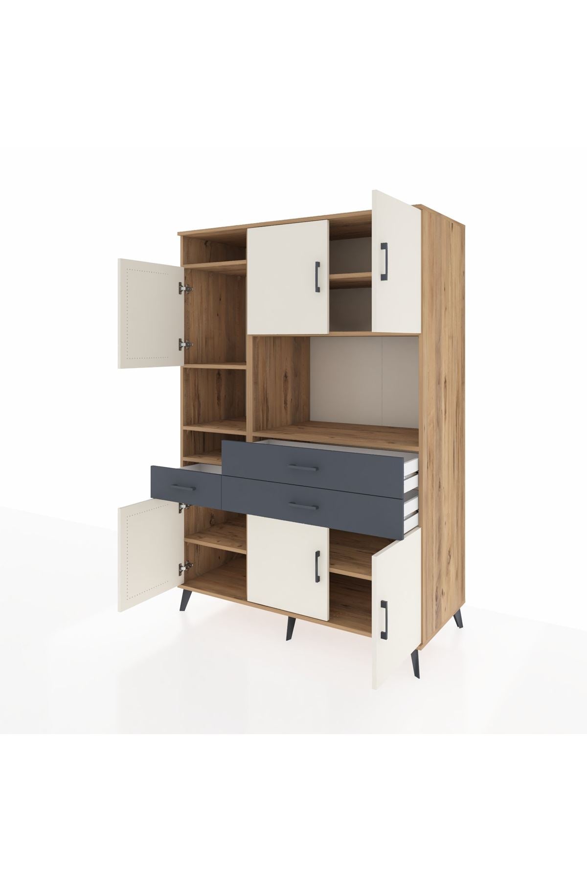 Kronos Dolap 9 Raflı 3 Çekmeceli 6 Kapaklı 132x59x195 Çam-Aytaşı/Antrasit