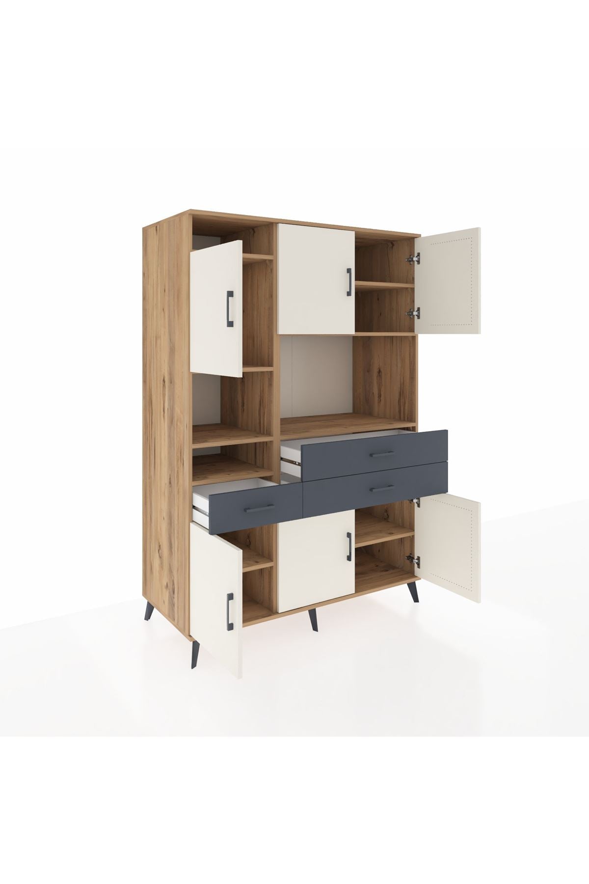 Kronos Dolap 9 Raflı 3 Çekmeceli 6 Kapaklı 132x59x195 Çam-Aytaşı/Antrasit