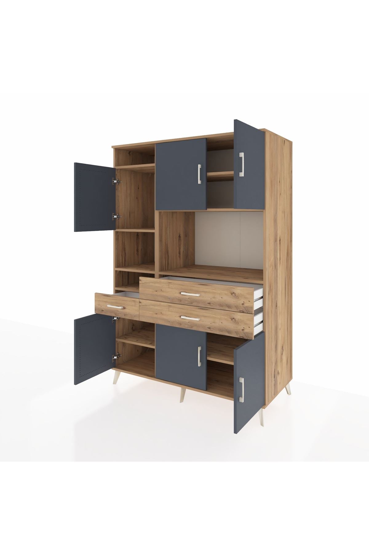 Kronos Dolap 9 Raflı 3 Çekmeceli 6 Kapaklı 132x59x195 Çam-Antrasit/Çam