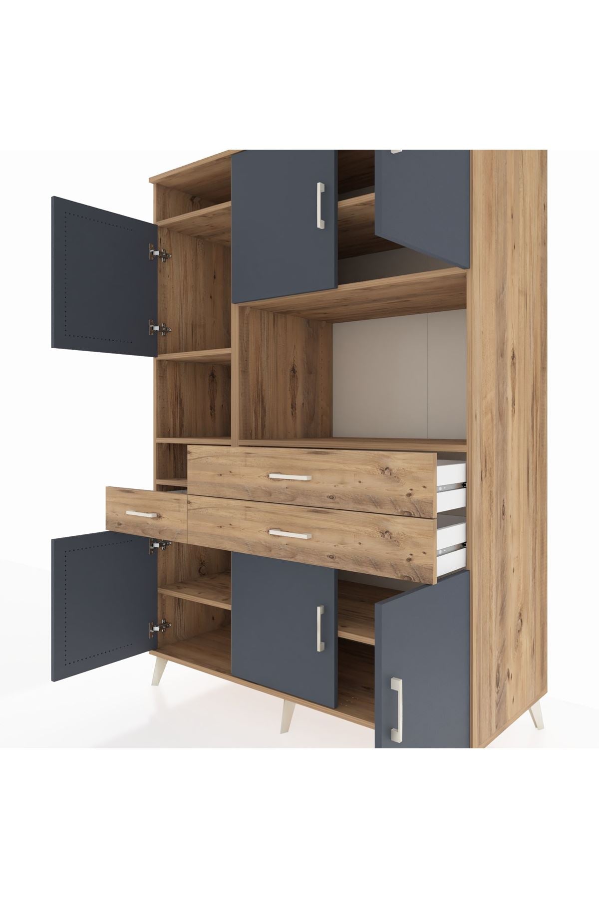 Kronos Dolap 9 Raflı 3 Çekmeceli 6 Kapaklı 132x59x195 Çam-Antrasit/Çam