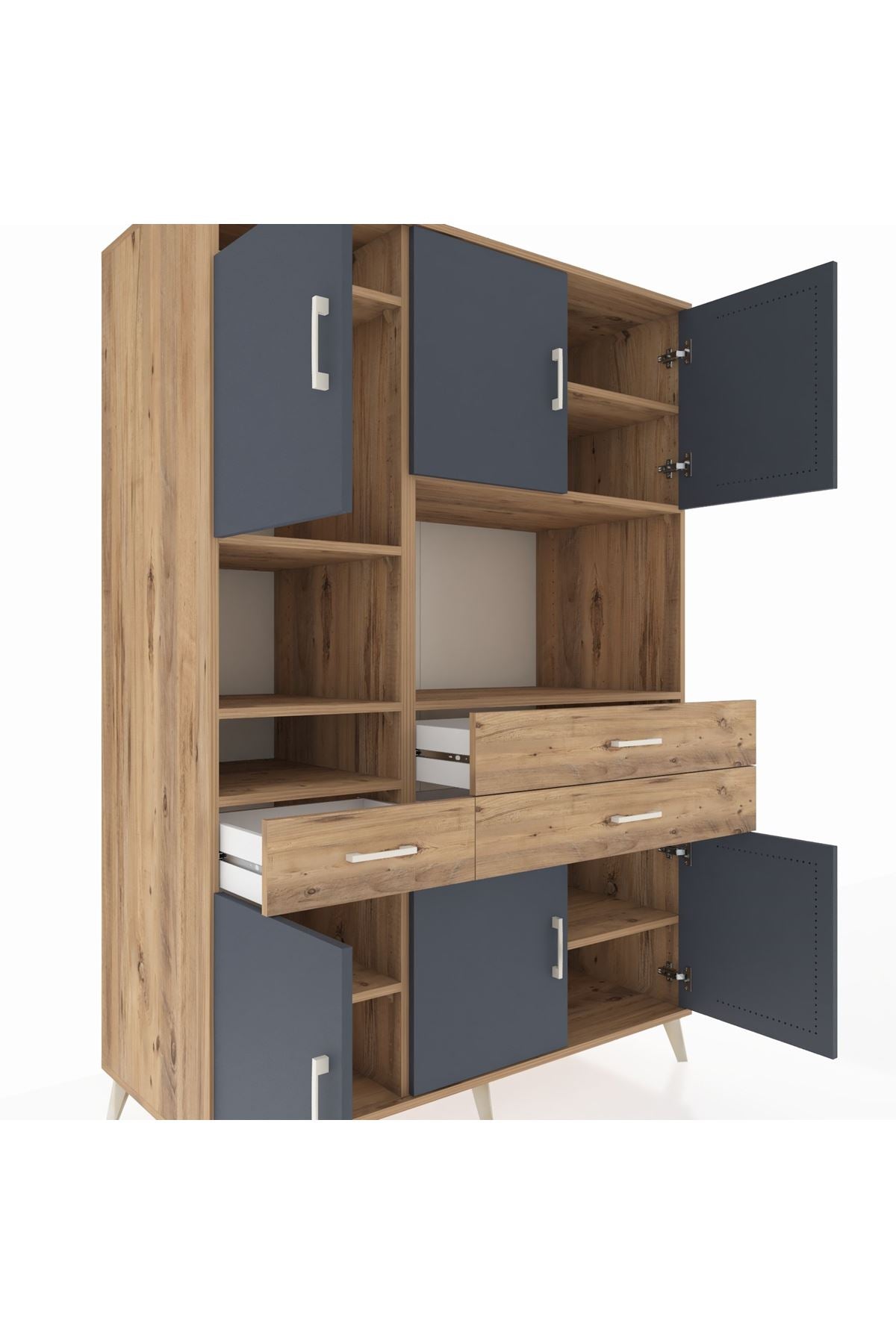 Kronos Dolap 9 Raflı 3 Çekmeceli 6 Kapaklı 132x59x195 Çam-Antrasit/Çam