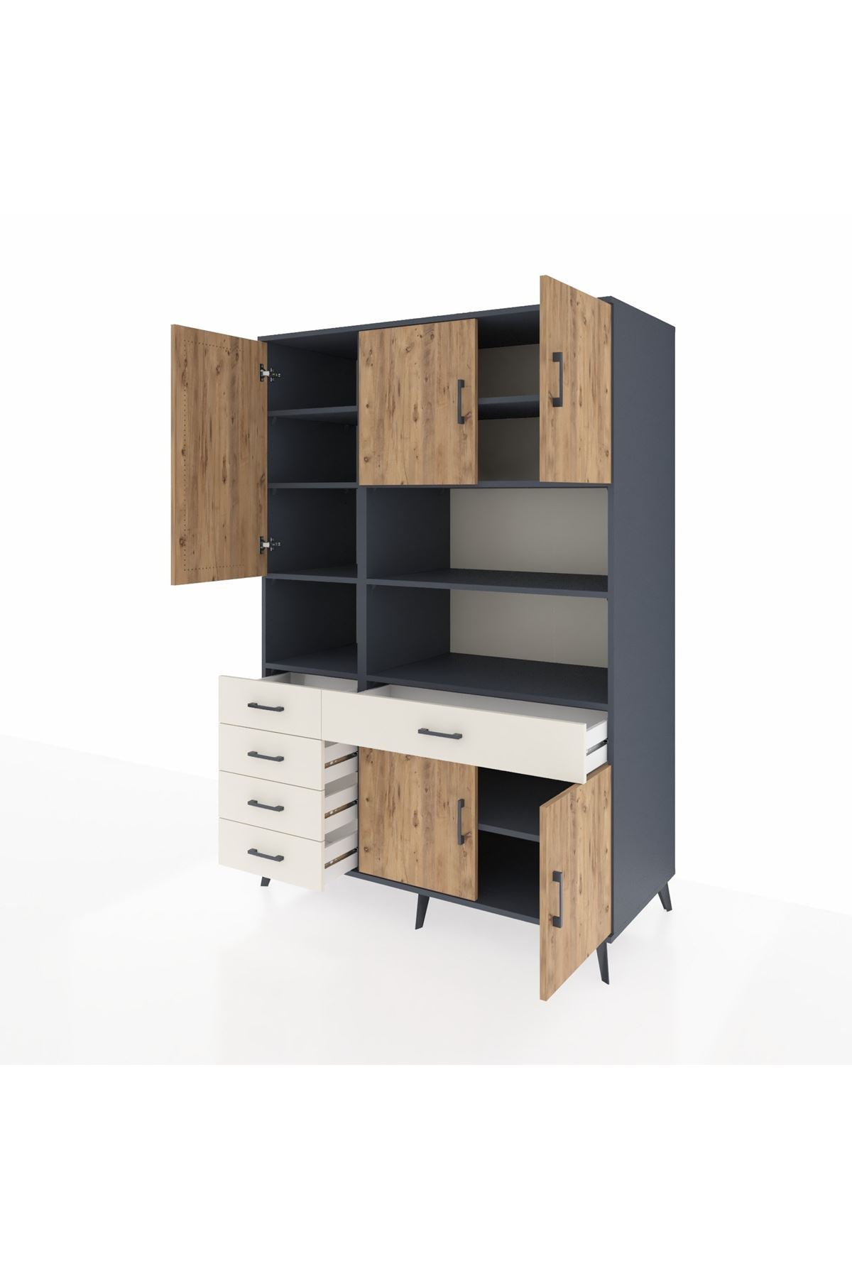 Kronos Dolap 9 Raflı 5 Çekmeceli 5 Kapaklı 132x59x195 Antrasit-Çam/Aytaşı