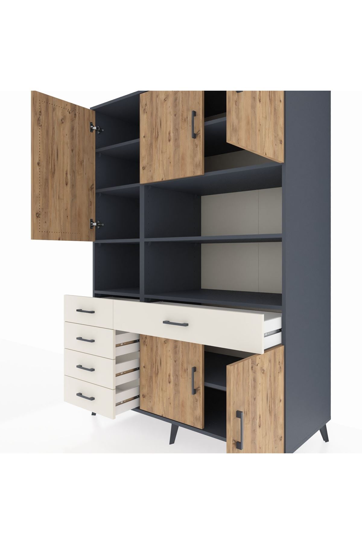 Kronos Dolap 9 Raflı 5 Çekmeceli 5 Kapaklı 132x59x195 Antrasit-Çam/Aytaşı