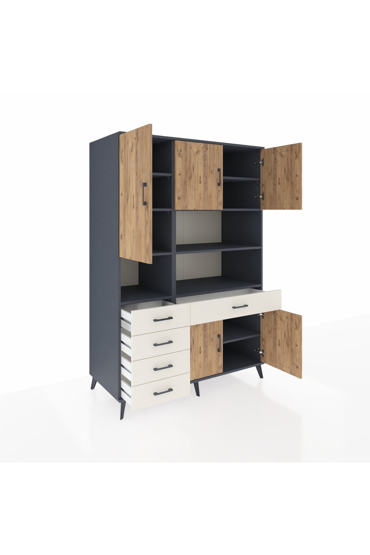 Kronos Dolap 9 Raflı 5 Çekmeceli 5 Kapaklı 132x59x195 Antrasit-Çam/Aytaşı