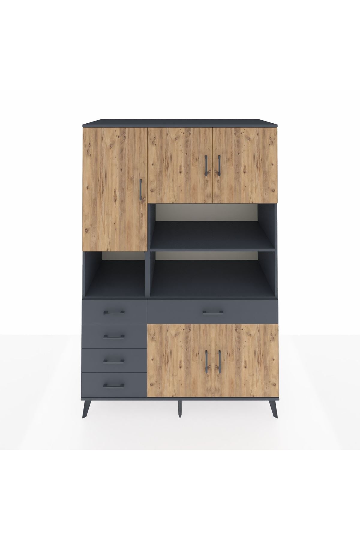 Kronos Dolap 9 Raflı 5 Çekmeceli 5 Kapaklı 132x59x195 Antrasit-Çam/Antrasit