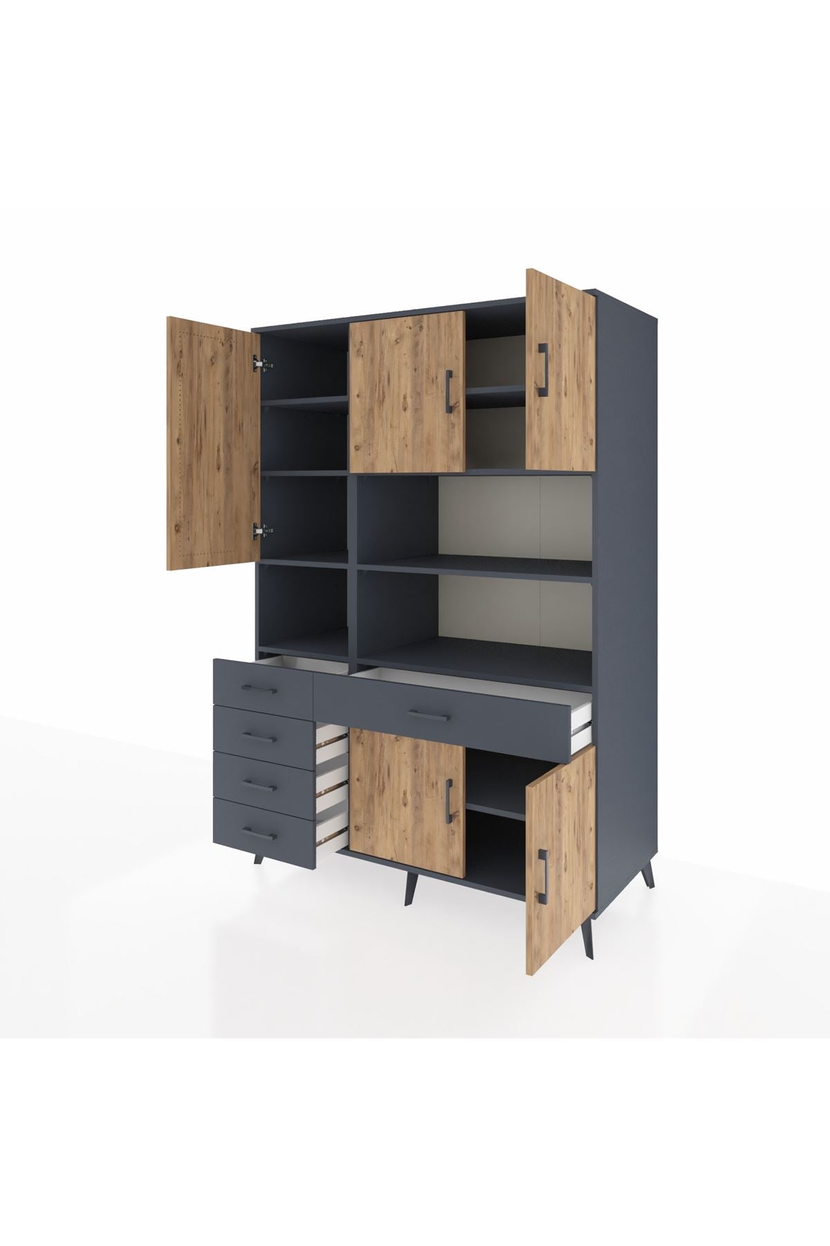 Kronos Dolap 9 Raflı 5 Çekmeceli 5 Kapaklı 132x59x195 Antrasit-Çam/Antrasit