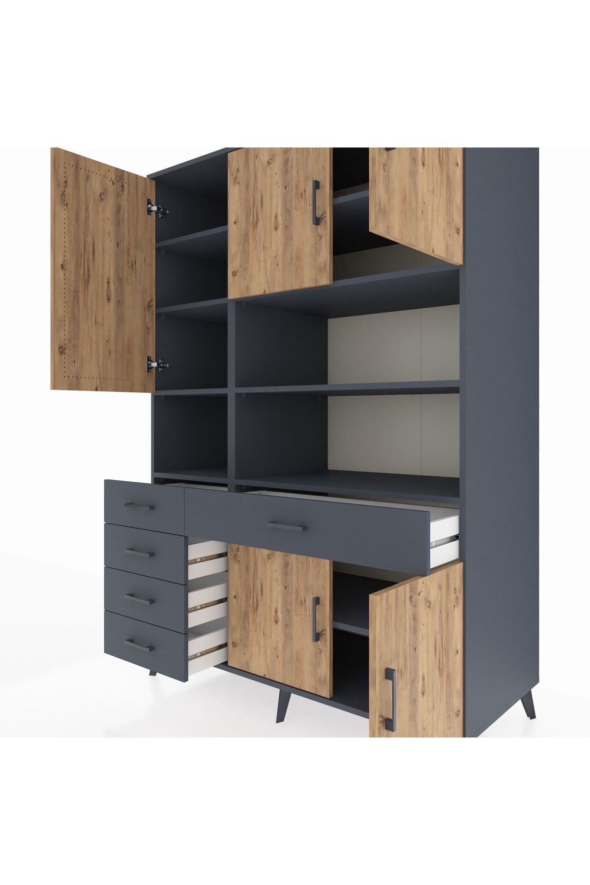 Kronos Dolap 9 Raflı 5 Çekmeceli 5 Kapaklı 132x59x195 Antrasit-Çam/Antrasit