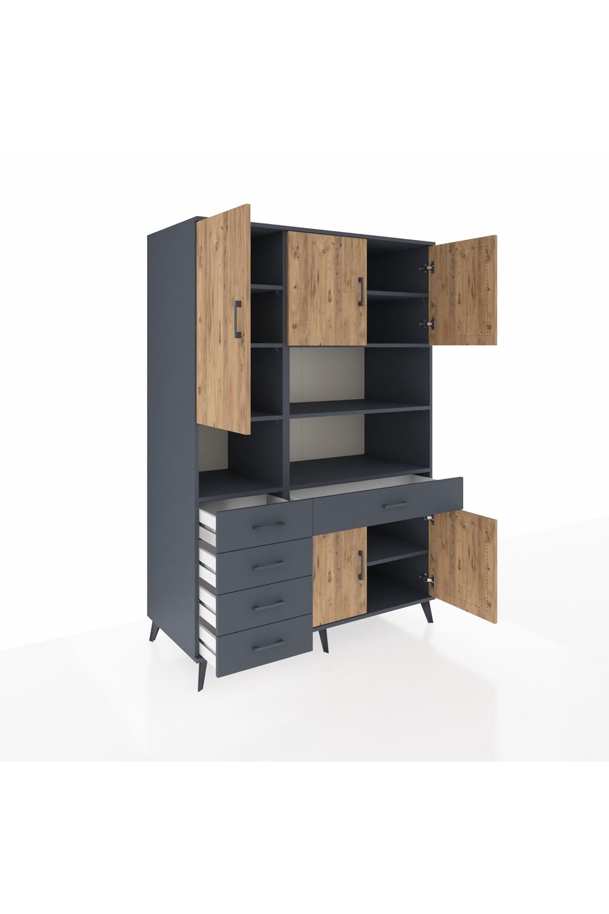 Kronos Dolap 9 Raflı 5 Çekmeceli 5 Kapaklı 132x59x195 Antrasit-Çam/Antrasit