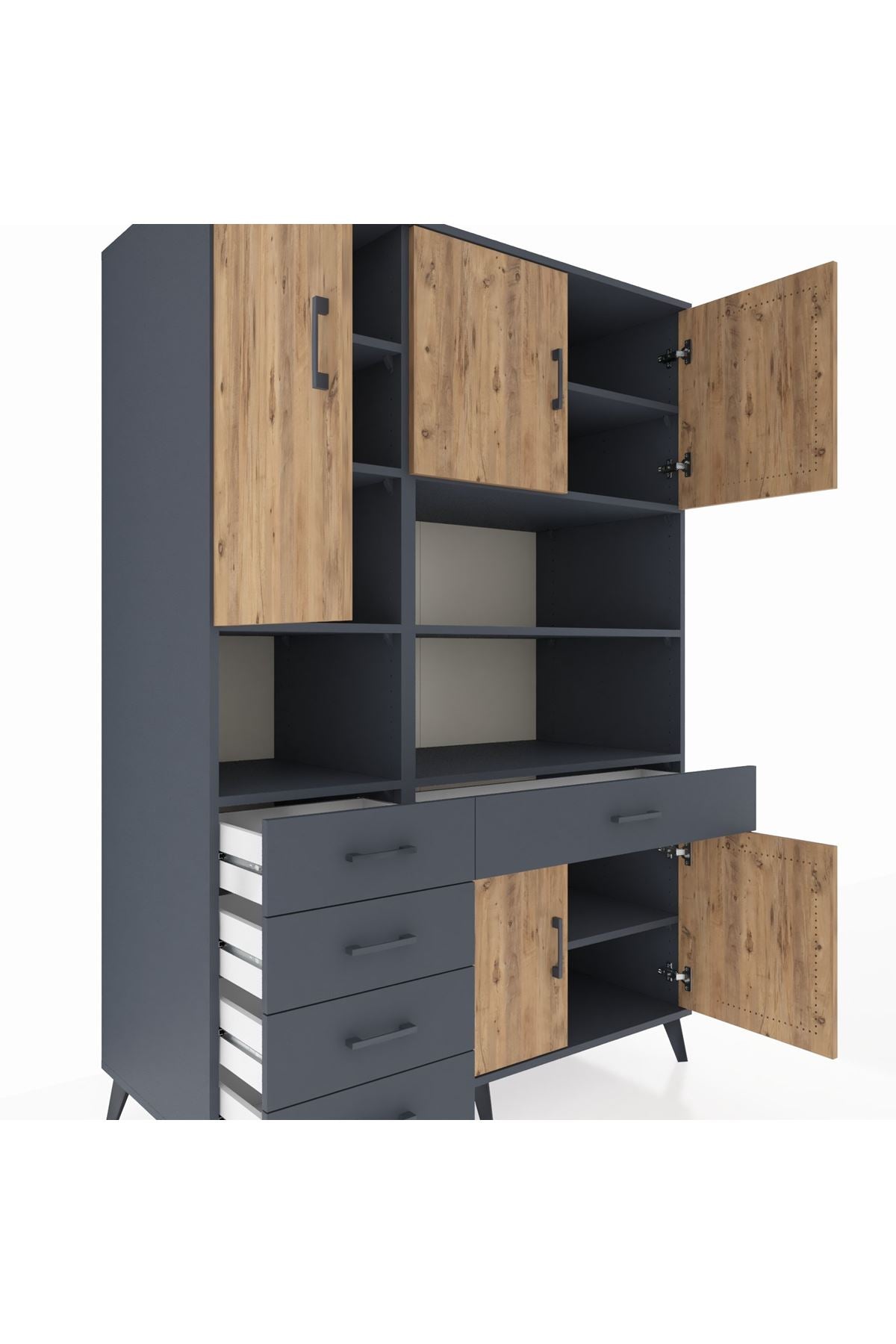 Kronos Dolap 9 Raflı 5 Çekmeceli 5 Kapaklı 132x59x195 Antrasit-Çam/Antrasit