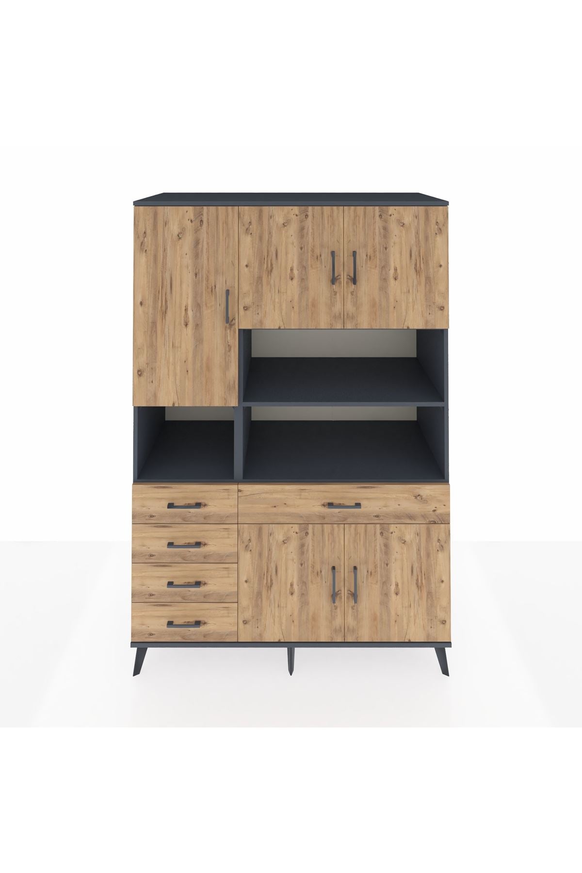 Kronos Dolap 9 Raflı 5 Çekmeceli 5 Kapaklı 132x59x195 Antrasit-Çam/Çam