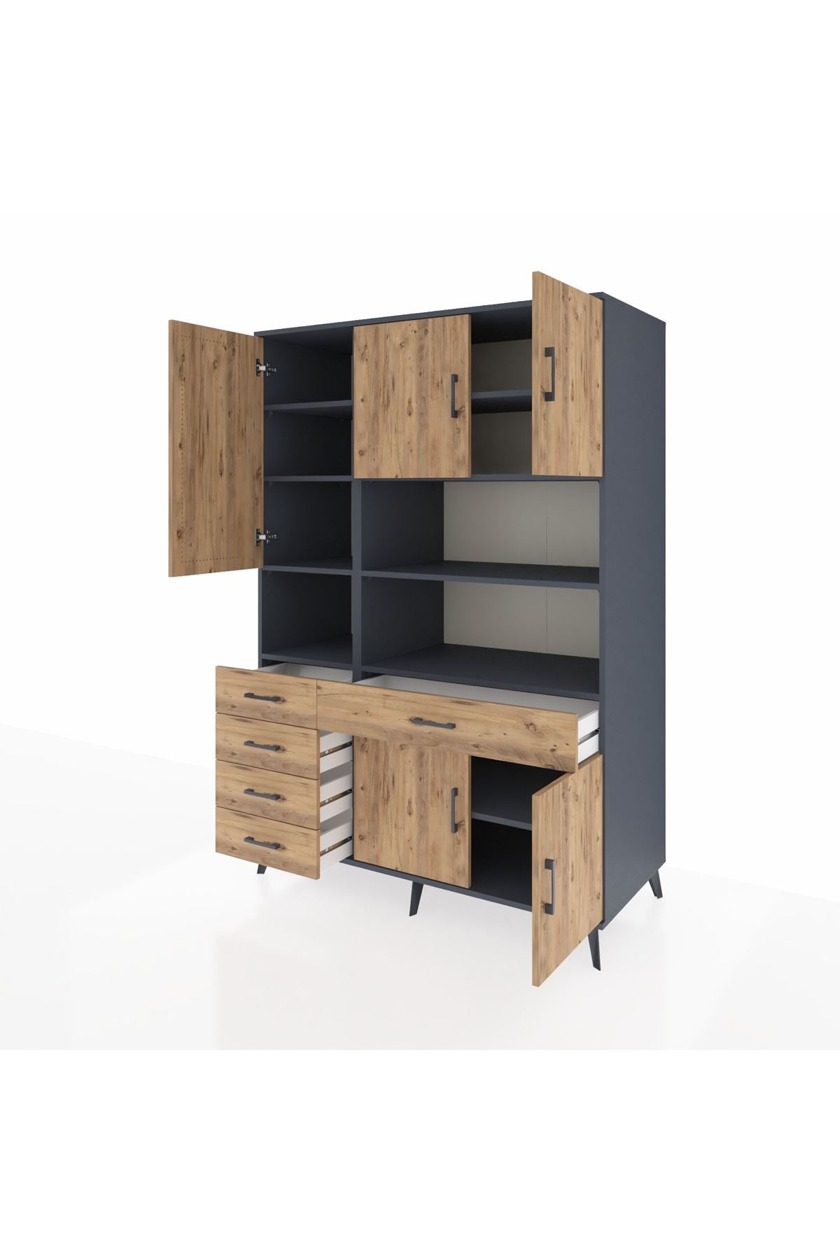 Kronos Dolap 9 Raflı 5 Çekmeceli 5 Kapaklı 132x59x195 Antrasit-Çam/Çam