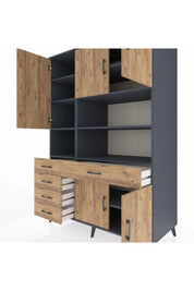 Kronos Dolap 9 Raflı 5 Çekmeceli 5 Kapaklı 132x59x195 Antrasit-Çam/Çam