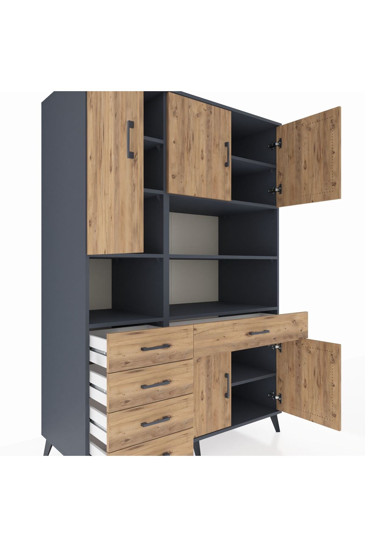 Kronos Dolap 9 Raflı 5 Çekmeceli 5 Kapaklı 132x59x195 Antrasit-Çam/Çam