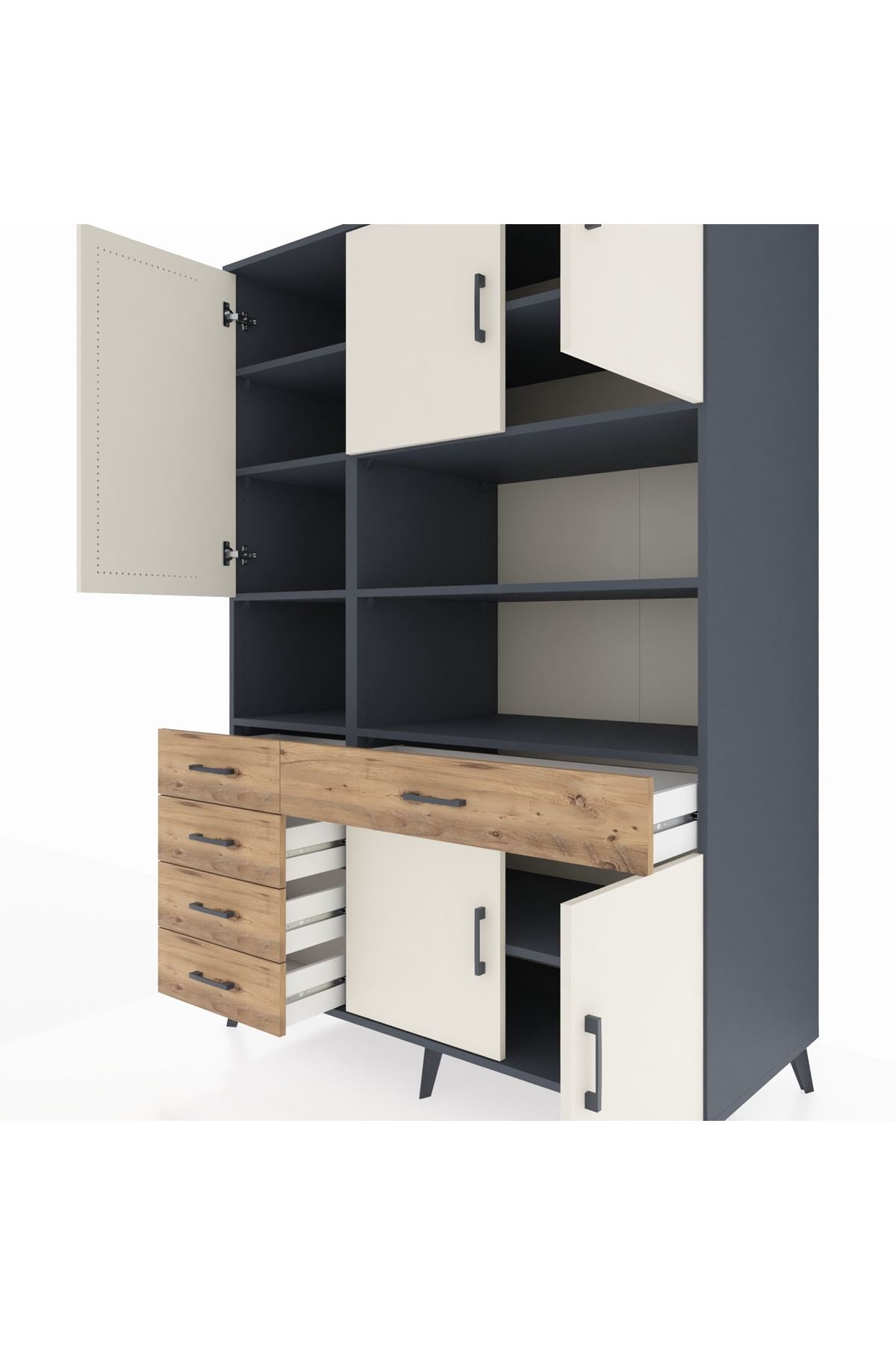 Kronos Dolap 9 Raflı 5 Çekmeceli 5 Kapaklı 132x59x195 Antrasit-Aytaşı/Çam