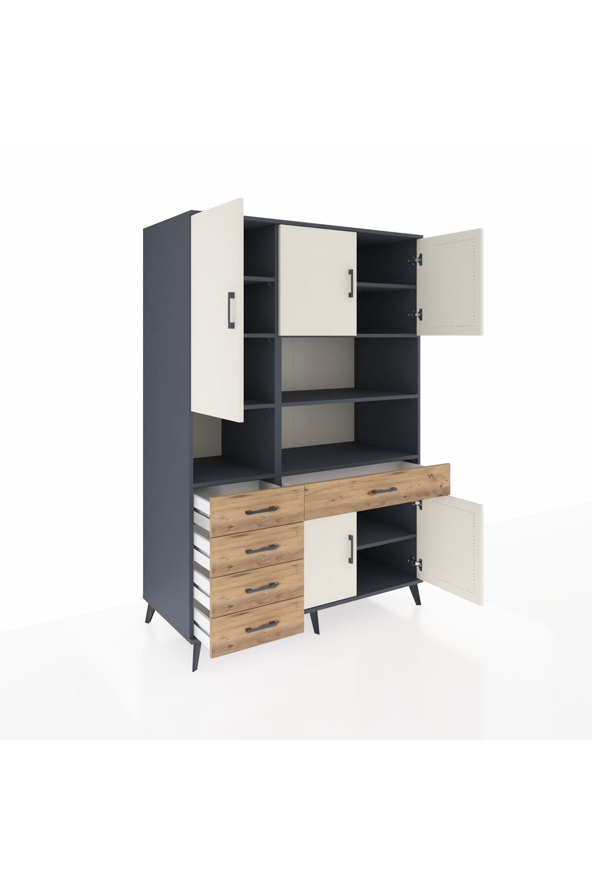 Kronos Dolap 9 Raflı 5 Çekmeceli 5 Kapaklı 132x59x195 Antrasit-Aytaşı/Çam